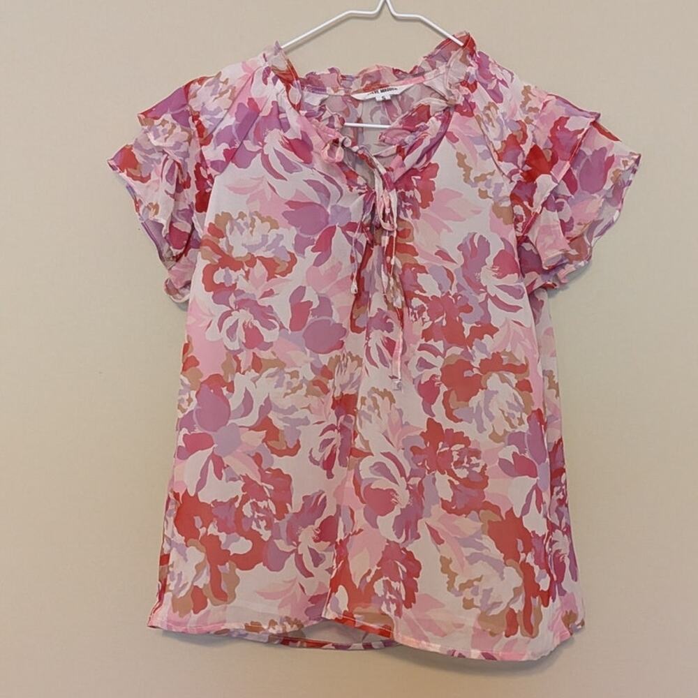Steve Madden Pink And Orange Floral Blouse With Neckline Tie